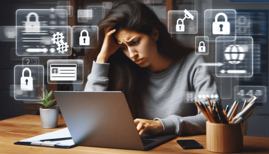 Woman sitting at a computer looking stressed with her hands on her face.