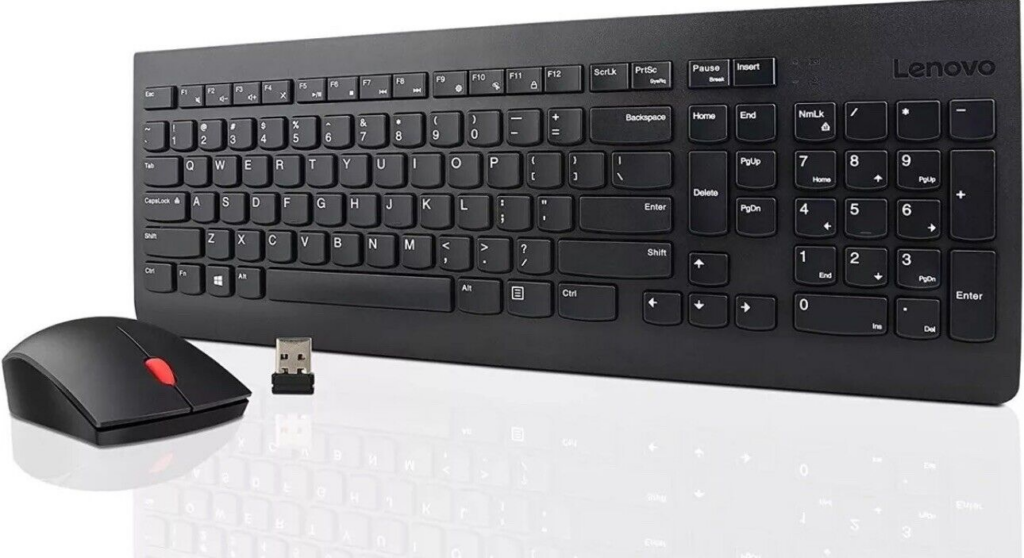 A black Lenovo Essential Keyboard and Mouse combo with a USB dongle